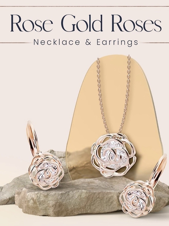 Crystal Azuria Line Jewelry - Rose Gold Floral Pendant Necklace and Earring Set -
